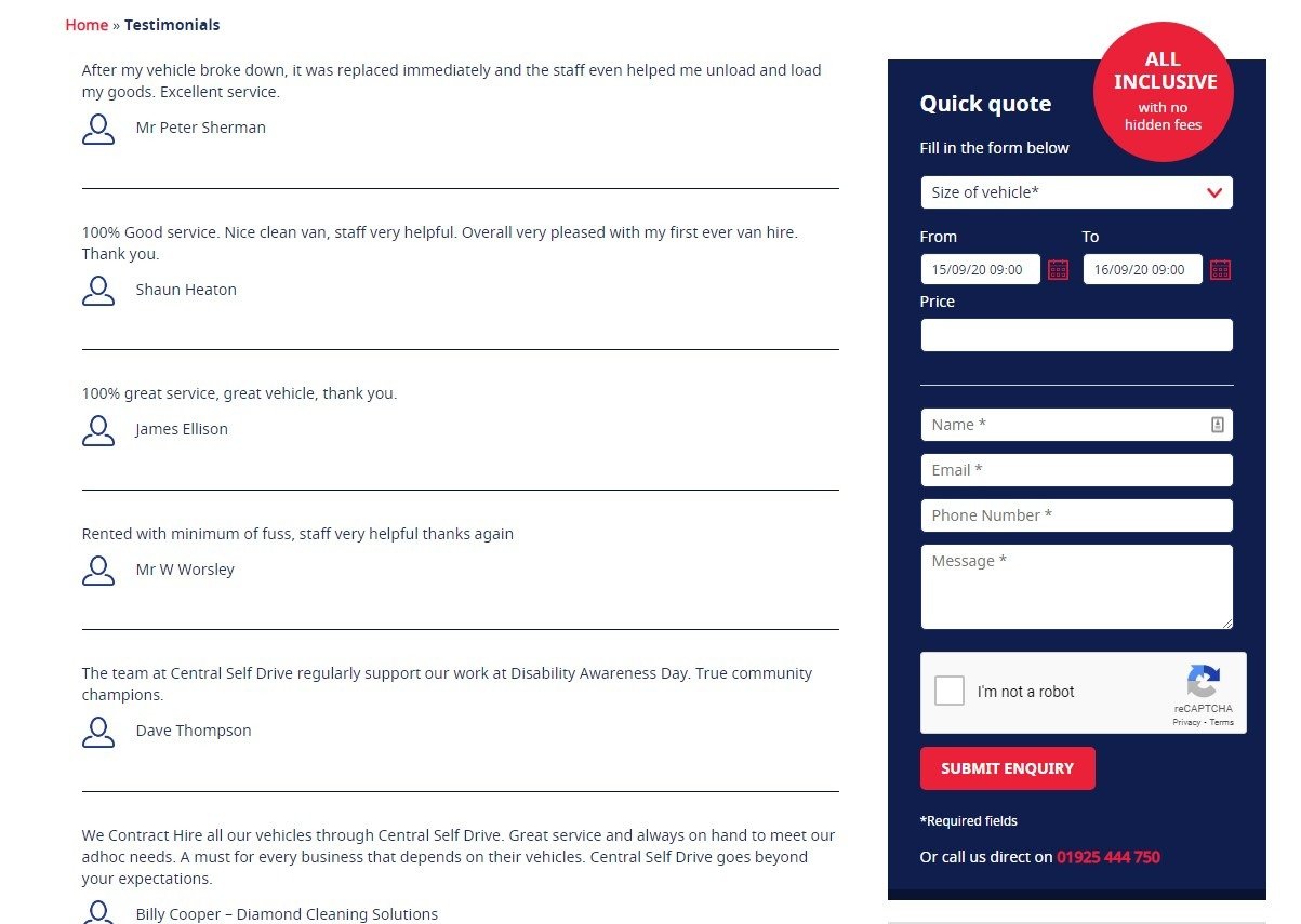Central Self Drive Example of Testimonials/Review Page
