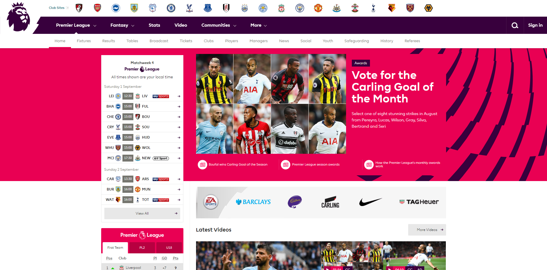 screen capture of premier league site and it's use of bold contrating colours
