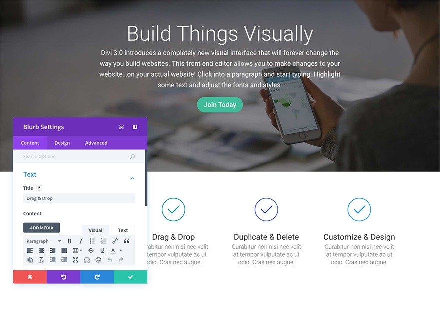 Using Divi visual builder / front end editor